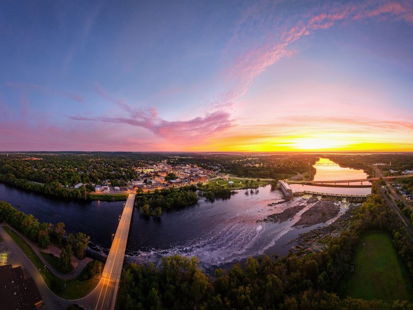 Drone shot of Chippewa River and downtown