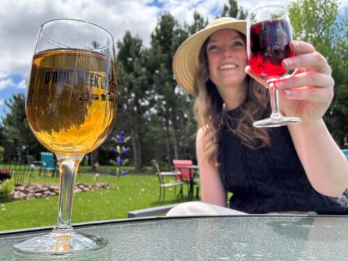 Girl holding wine glass with another wine glass on the table